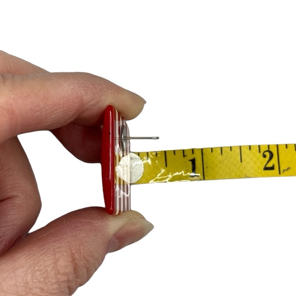 Red and White Striped Large Square Earrings - Picture 8 of 10